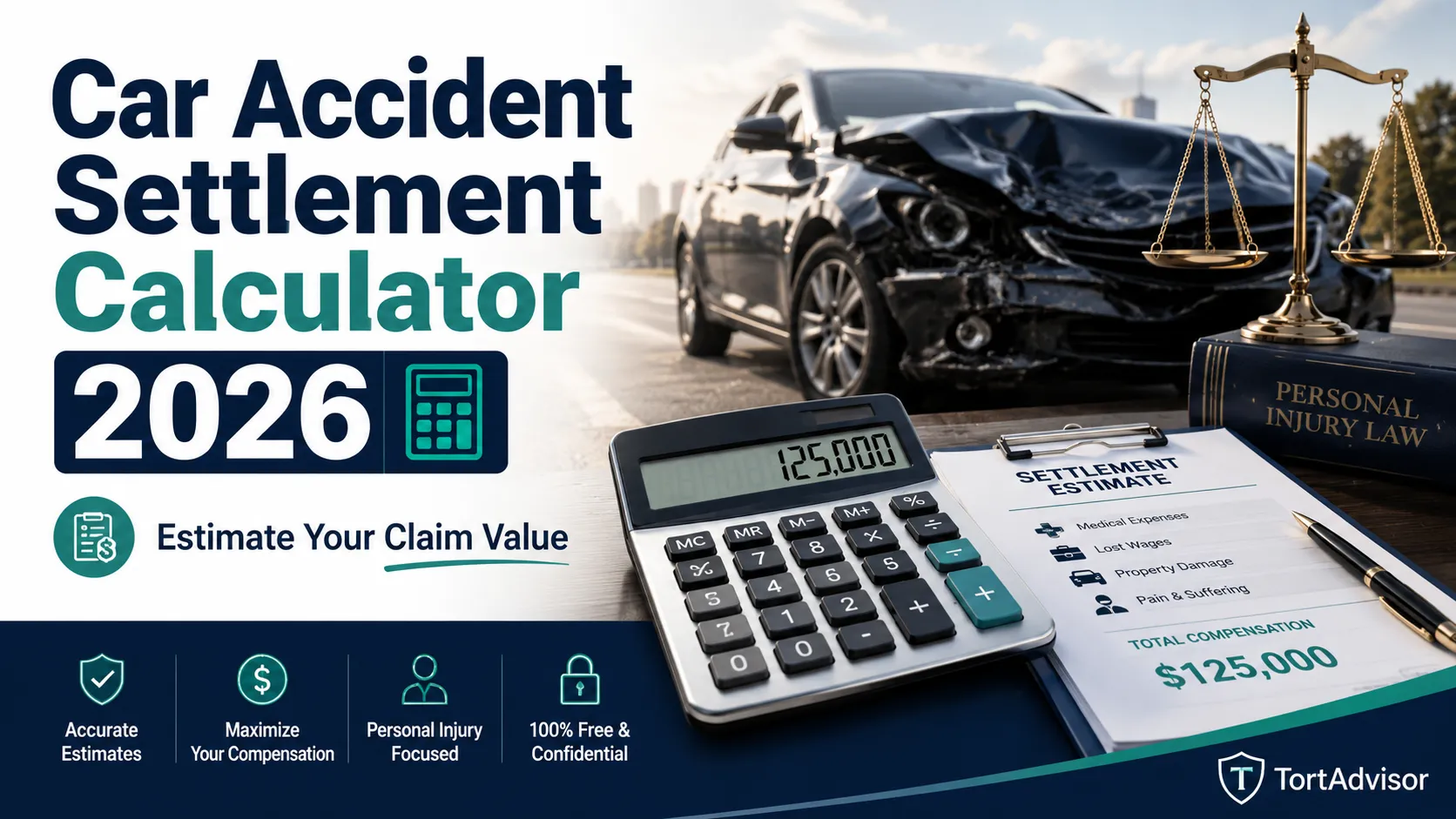 Car Accident Settlement Calculator 2026 Car accident settlement calculator estimating injury claim value for medical bills, lost wages, liability, and damages