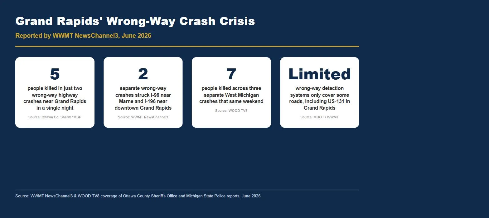 Grand Rapids Michigan wrong way crash statistics I-96 I-196 highway