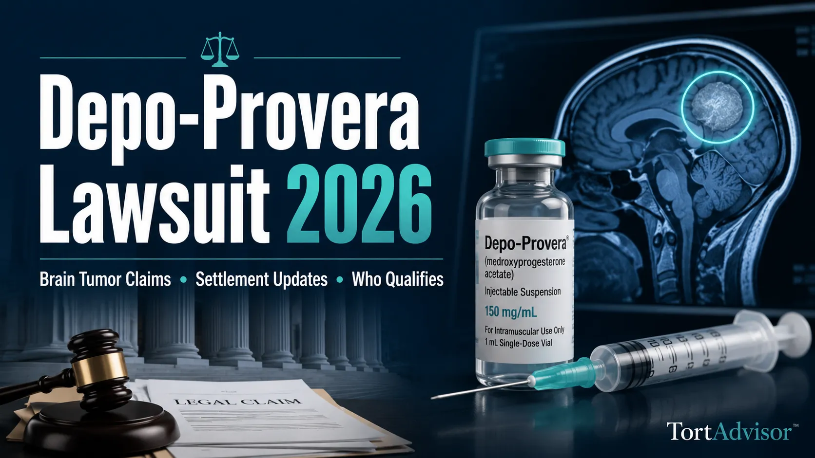 Depo-Provera Lawsuit 2026 – Brain Tumor Claims, Settlement Updates & Who Qualifies Depo-Provera injectable contraceptive vial next to MRI brain scan showing meningioma - Depo-Provera lawsuit 2026 brain tumor claims guide against Pfizer